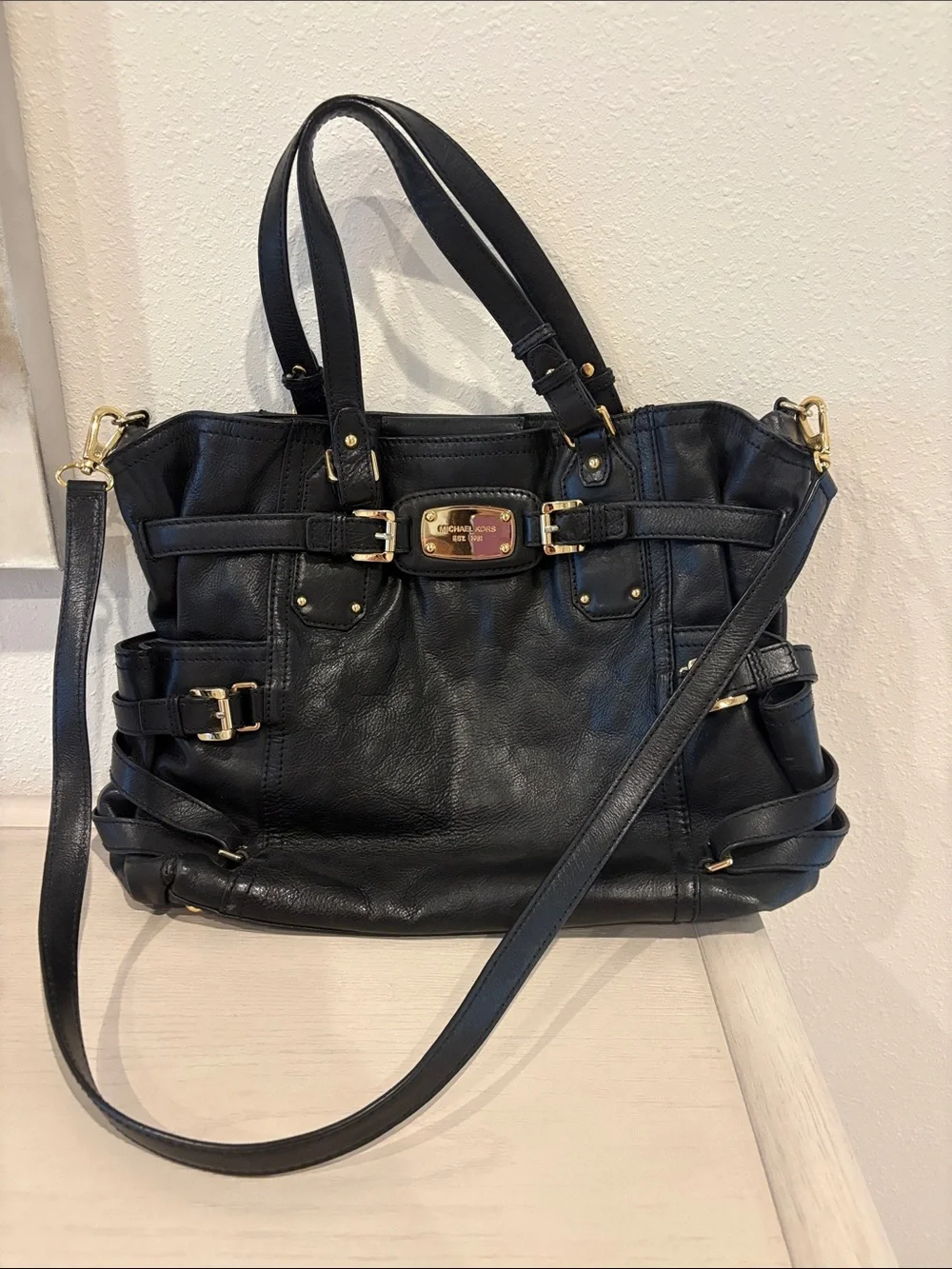 Michael Kors Black Leather Satchel with Gold Hardware